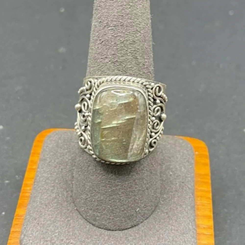 Vintage Sterling Silver 925 Labradorite Ring Size 10 Statement Filigree